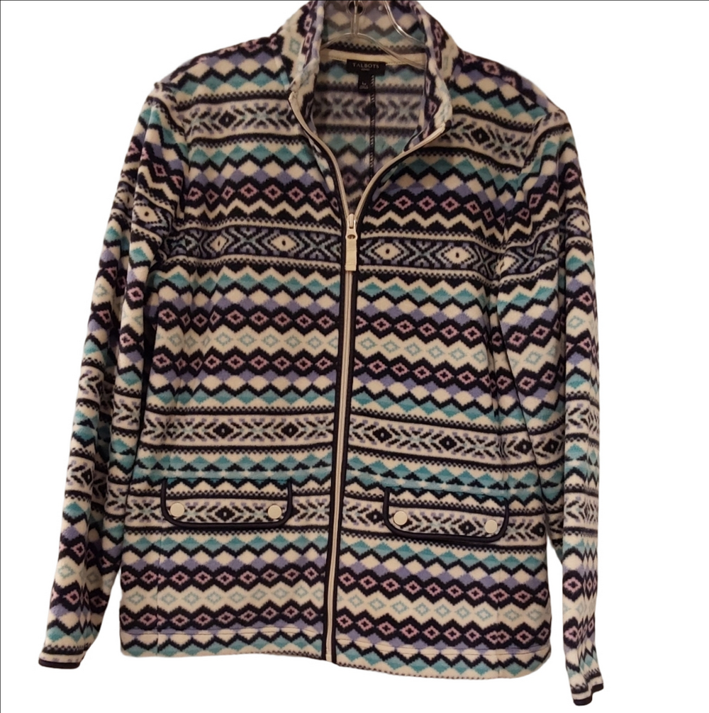 Talbots Geometric Fleece Jacket - Blue, Purple, White - Large Petite
